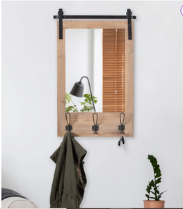 Enora Flat Wall Mirror with Hooks - Rustic Brown