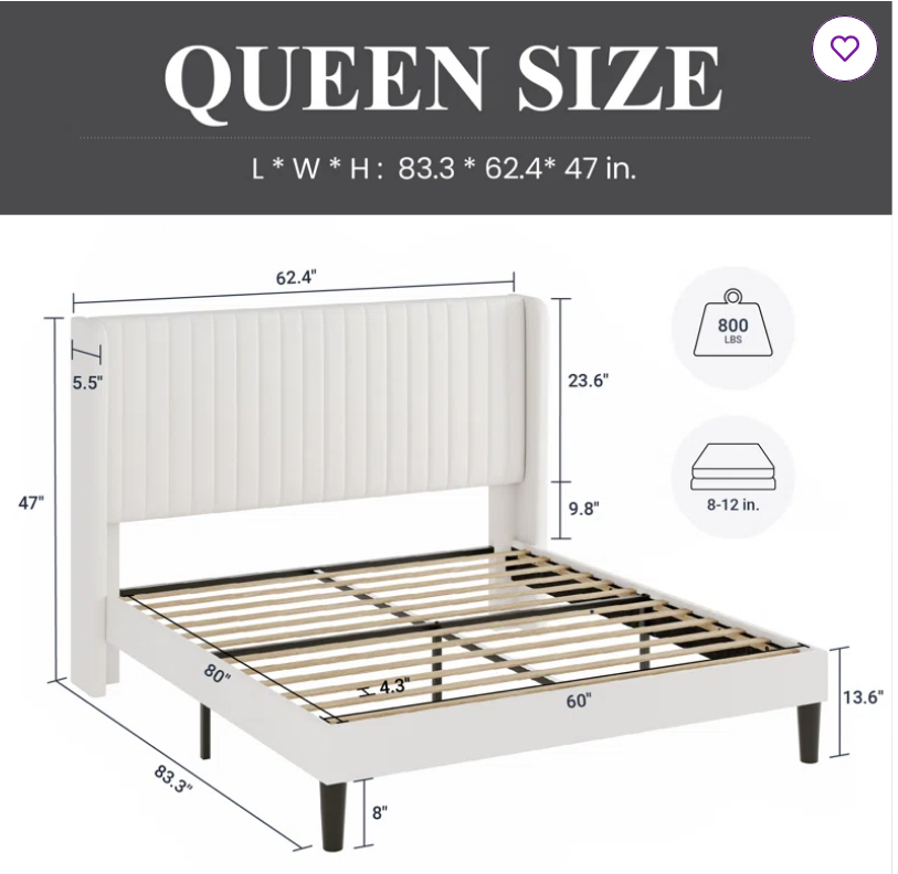 SPECIAL, Candler Upholstered Platform Bed, Queen, White, 1 Box