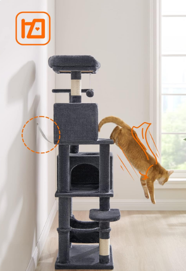 Fully Assembled,  Cat Condo, cat  tree, 61-Inch Cat Tower with 5 Scratching Posts, 2 Perches, 2 Caves, Hammock, 2 Pompoms, Beige
