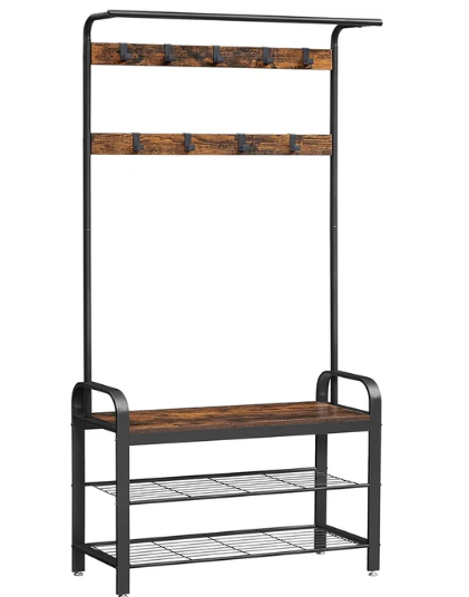 4-in-1 Coat Rack with Shoe Bench and 9 Removable Hooks Rustic Brown and Black