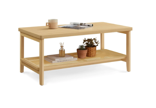 2-Tier Coffee Table for Living Room, Boho Style, Oak Beige