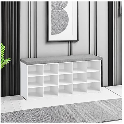 VASAGLE Shoe Bench, Storage Bench, Shoe Rack Bench, White and Gray - (Assembled)