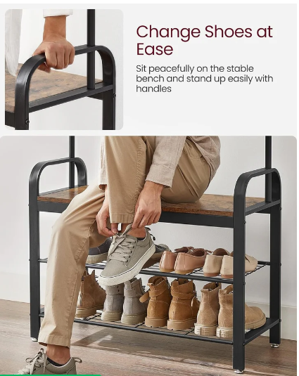 4-in-1 Coat Rack with Shoe Bench and 9 Removable Hooks Rustic Brown and Black