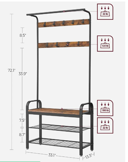 4-in-1 Coat Rack with Shoe Bench and 9 Removable Hooks Rustic Brown and Black