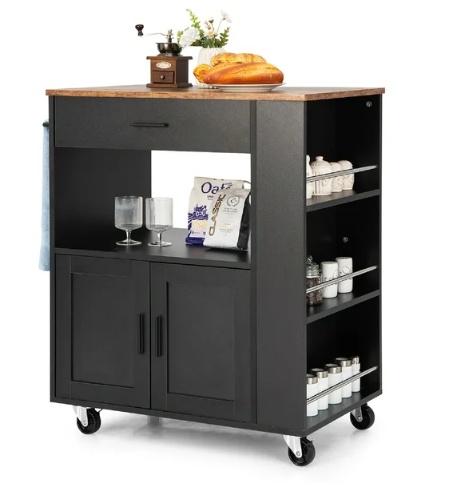 Kitchen Island Cart Rolling Storage Cabinet w/ Drawer & 2 Shelves - Black (Sightly Irregular)