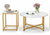 2-Piece Coffee Table Set Round Coffee Table and Square End Tables-White/Gold  (Fully Assembled)