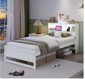 *SPECIAL* - Twin Bed Frames with Storage Headboard, Wood Platform Bed with Charging Station & LED Light - Color White