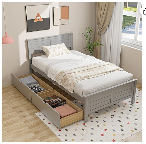 *Special* Twin Size Wooden Bed Frame w/ 2 Storage Drawers & Under-bed Storage Gray (1 Box, Unassembled)