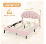 Queen Size Upholstered LED Bed Frame Soft Velvet Platform Bed with Flower Headboard