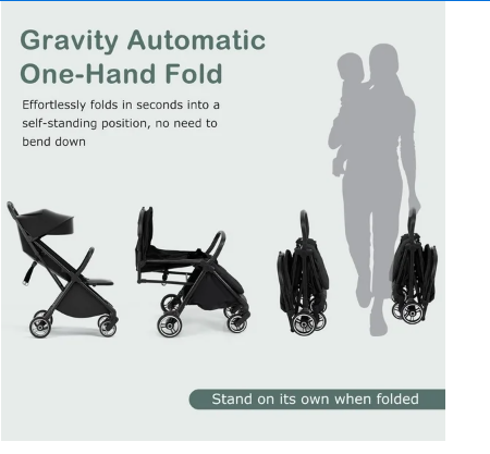 Lightweight Baby Stroller, One-Hand Gravity Fold, Compact Travel Stroller