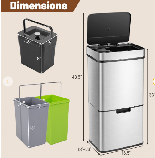 Special - Stainless Steel Trash Can  2 Bottom Recycling Bins (Missing Lid)