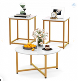 2-Piece Coffee Table Set Round Coffee Table and Square End Tables-White/Gold  (Fully Assembled)