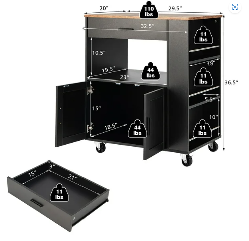 Kitchen Island Cart Rolling Storage Cabinet w/ Drawer & 2 Shelves - Black (Sightly Irregular)