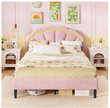 Queen Size Upholstered LED Bed Frame Soft Velvet Platform Bed with Flower Headboard