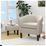 Barrel Club Chair with Ottoman Set Linen Fabric Accent Chair with Footrest - Beige