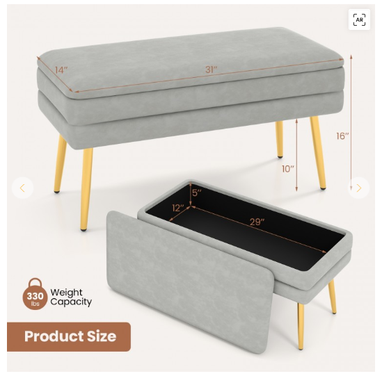 Velvet Upholstered Storage Bench with Removable Top