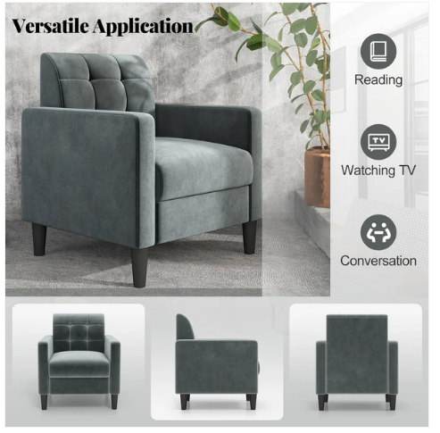 Mid Century Modern Velvet Accent Chair with Tufted Back-Green/Grey