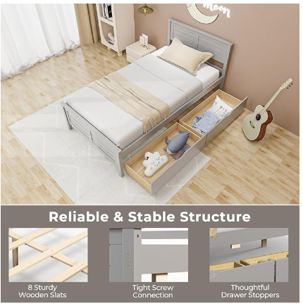 *Special* Twin Size Wooden Bed Frame w/ 2 Storage Drawers & Under-bed Storage Gray (1 Box, Unassembled)