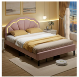 Queen Size Upholstered LED Bed Frame Soft Velvet Platform Bed with Flower Headboard