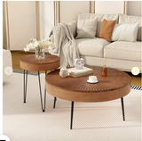 Round Coffee Table Set of 2 - Sofa Side Nesting Table w/Solid Pine Wood Top