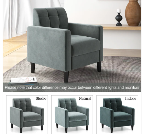 Mid Century Modern Velvet Accent Chair with Tufted Back-Green/Grey