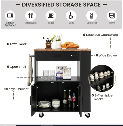 Kitchen Island Cart Rolling Storage Cabinet w/ Drawer & 2 Shelves - Black (Sightly Irregular)