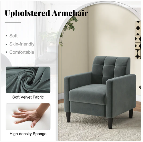 Mid Century Modern Velvet Accent Chair with Tufted Back-Green/Grey