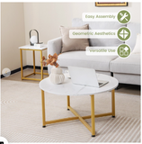 2-Piece Coffee Table Set Round Coffee Table and Square End Tables-White/Gold  (Fully Assembled)