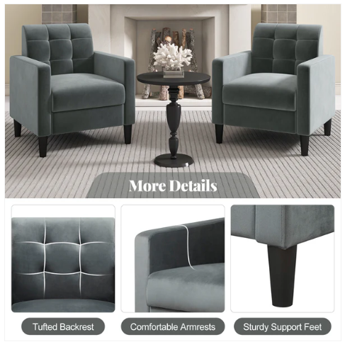 Mid Century Modern Velvet Accent Chair with Tufted Back-Green/Grey