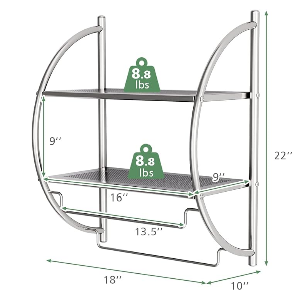 Wall Mounted Bathroom / Kitchen Shelf, 2-Tier Chrome Towel Rack