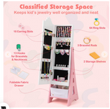 Kids Jewelry Cabinet with Full-Length Mirror and Foldable Drawer, White/Pink