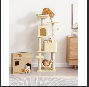 Fully Assembled,  Cat Condo, cat  tree, 61-Inch Cat Tower with 5 Scratching Posts, 2 Perches, 2 Caves, Hammock, 2 Pompoms, Beige