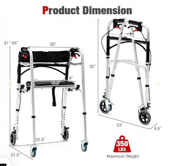 Height Adjustable Aluminum Walker with Rolling Wheels and Brakes (TAX FREE)