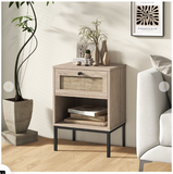 Set of 2 - Rattan Nightstand Boho End Table with Rattan Drawer & Open Shelf-Oak (Fully Assembled)