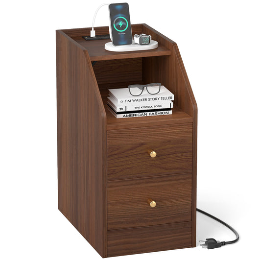 Side End Table with Charging Station Sofa Couch Table with Shelf Drawers-Walnut (Assembled)