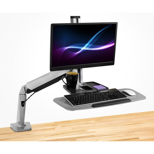 CLEARANCE,  Sit Stand Workstation For Single Monitor And Keyboard - Height Adjustable Standing Desk Mount With Monitor Mount And Keyboard Tray