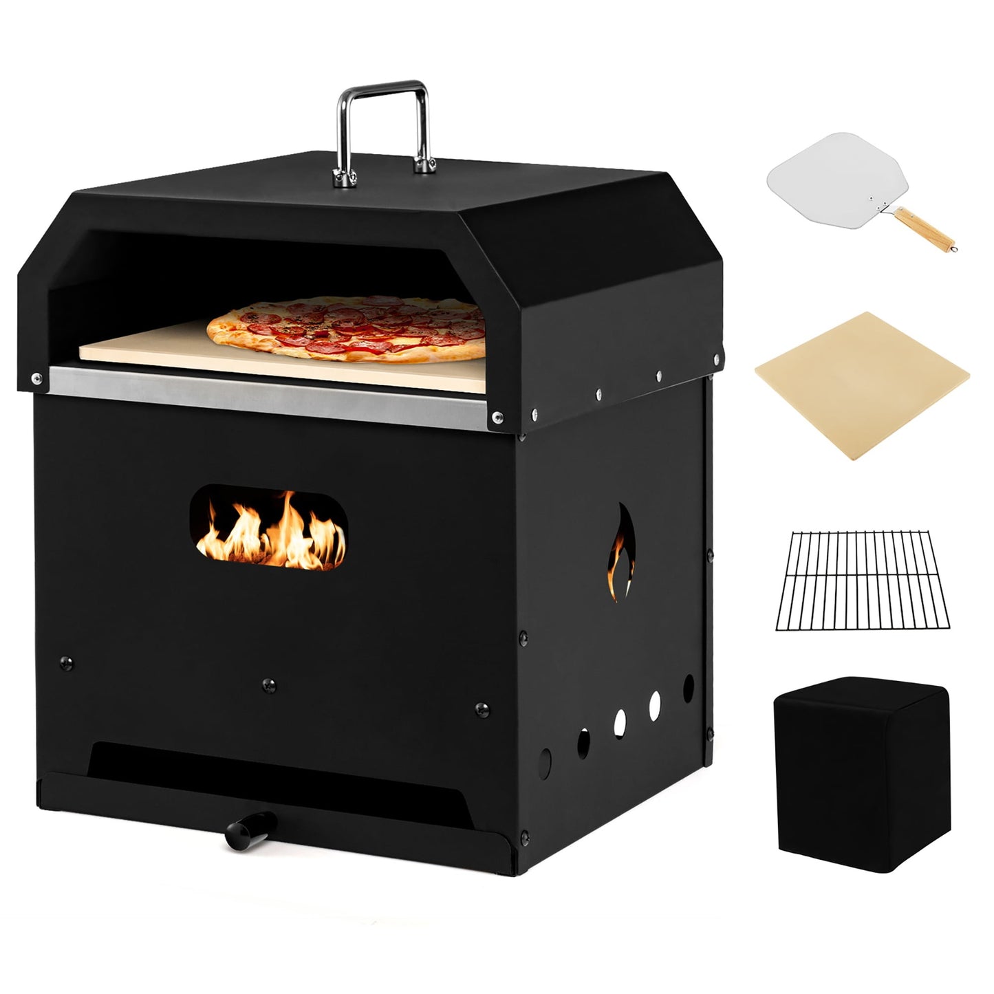 4-in-1 Multi-Purpose Wood 2-Layer Detachable Outdoor Pizza Oven in Black