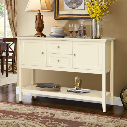 Sideboard Buffet Table Wooden Console Table W/ Drawers & Cabinets Beige