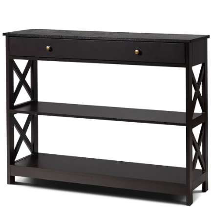 3-Tier Console Table X-Design Sofa Entryway Table with Drawer & Shelves Espresso