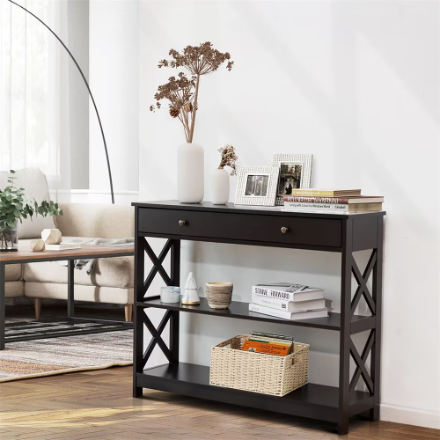 3-Tier Console Table X-Design Sofa Entryway Table with Drawer & Shelves Espresso