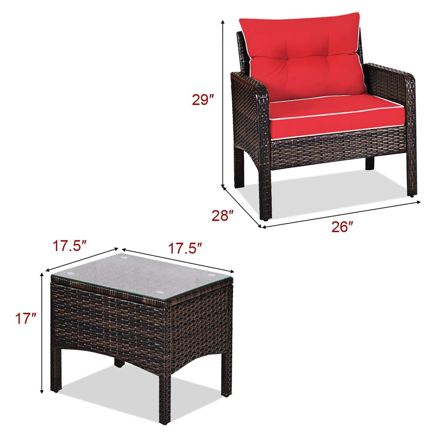 3-Pieces Wicker Patio Conversation Set with RED Cushions, Fully Assembled