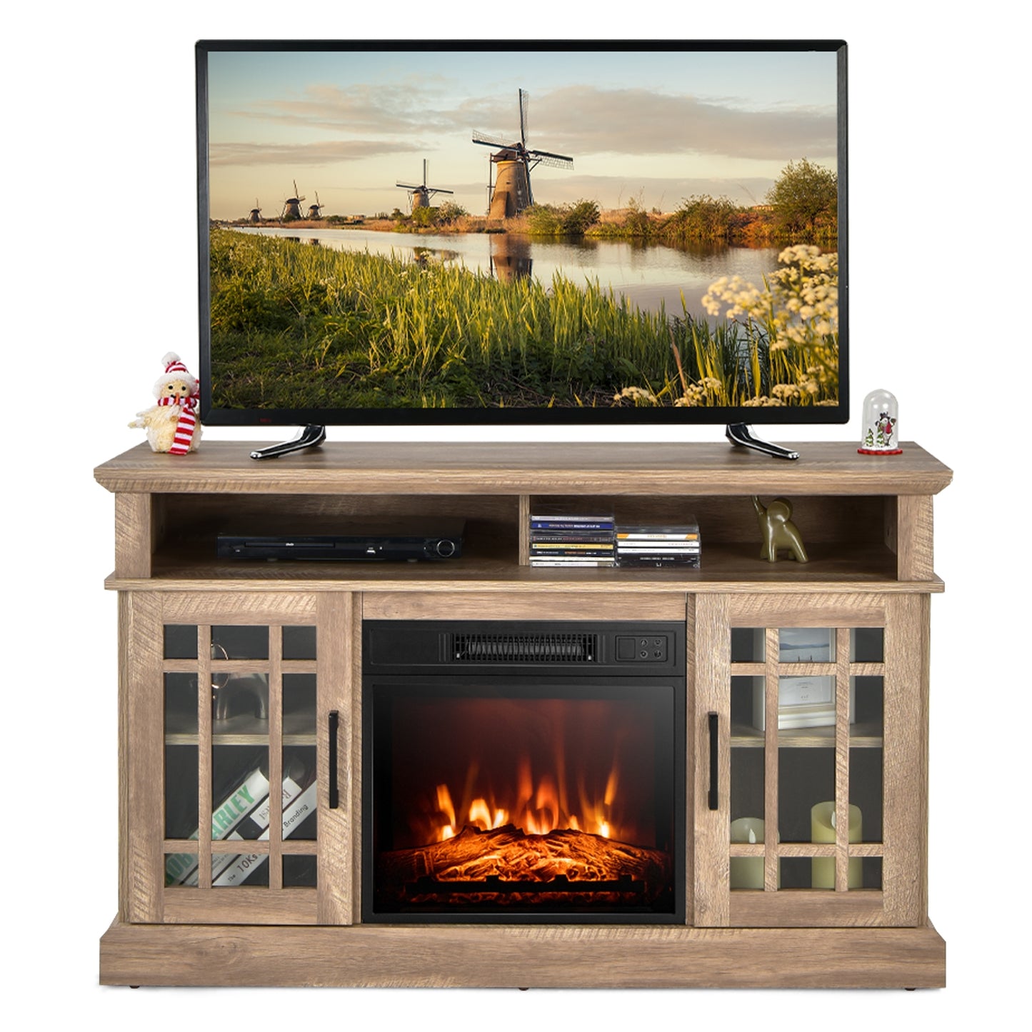 48 Inch Electric Fireplace TV Stand with Cabinets for TVs Up to 55 Inch-Natural*fully assembled*