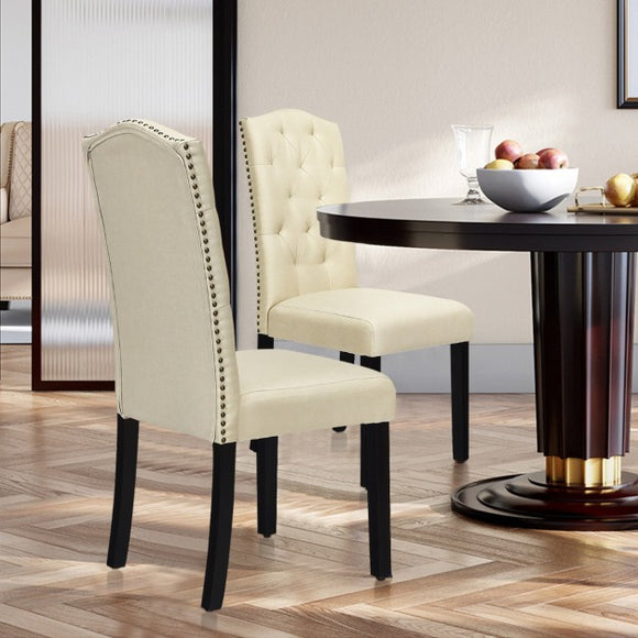 Set of 2 Tufted Dining Chair with Rubber Wooden Leg