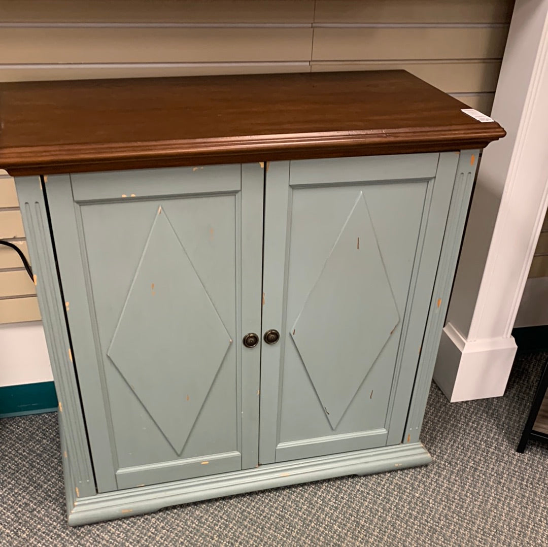 Rustic Farmhouse Fireplace& Console,doors close,small scratch seafoam green