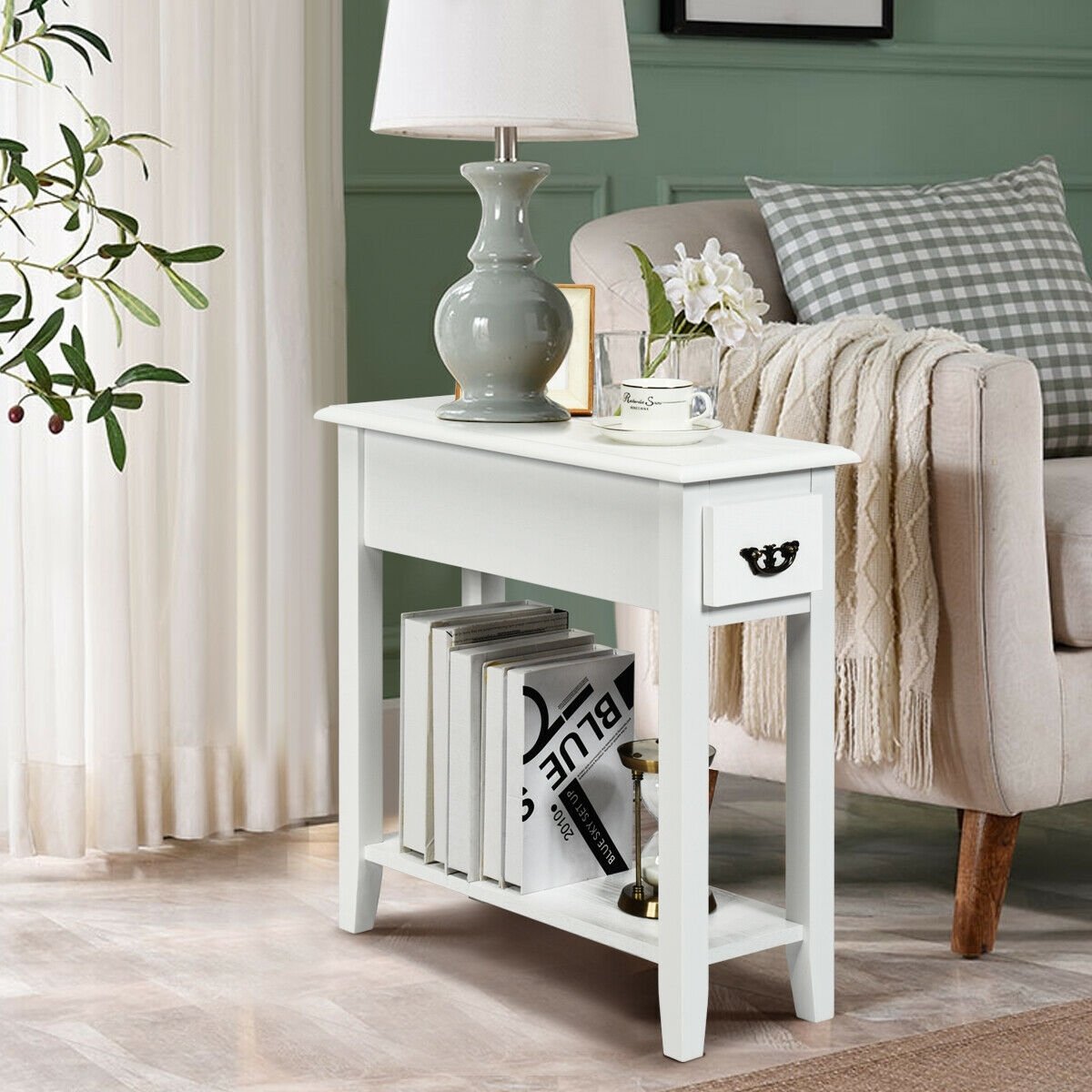 2 Tier End Bedside Sofa Side Table Narrow Nightstand-Black (Assembled)