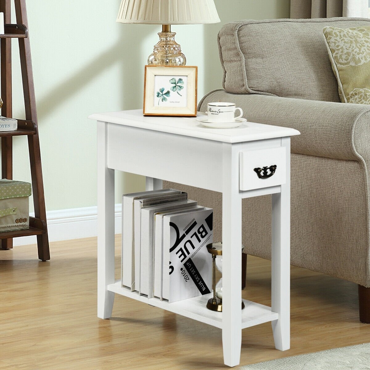 2 Tier End Bedside Sofa Side Table Narrow Nightstand-Black (Assembled)