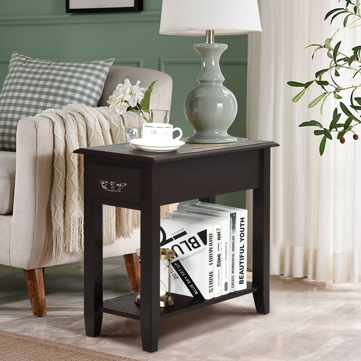 2 Tier End Bedside Sofa Side Table Narrow Nightstand-Black (Assembled)