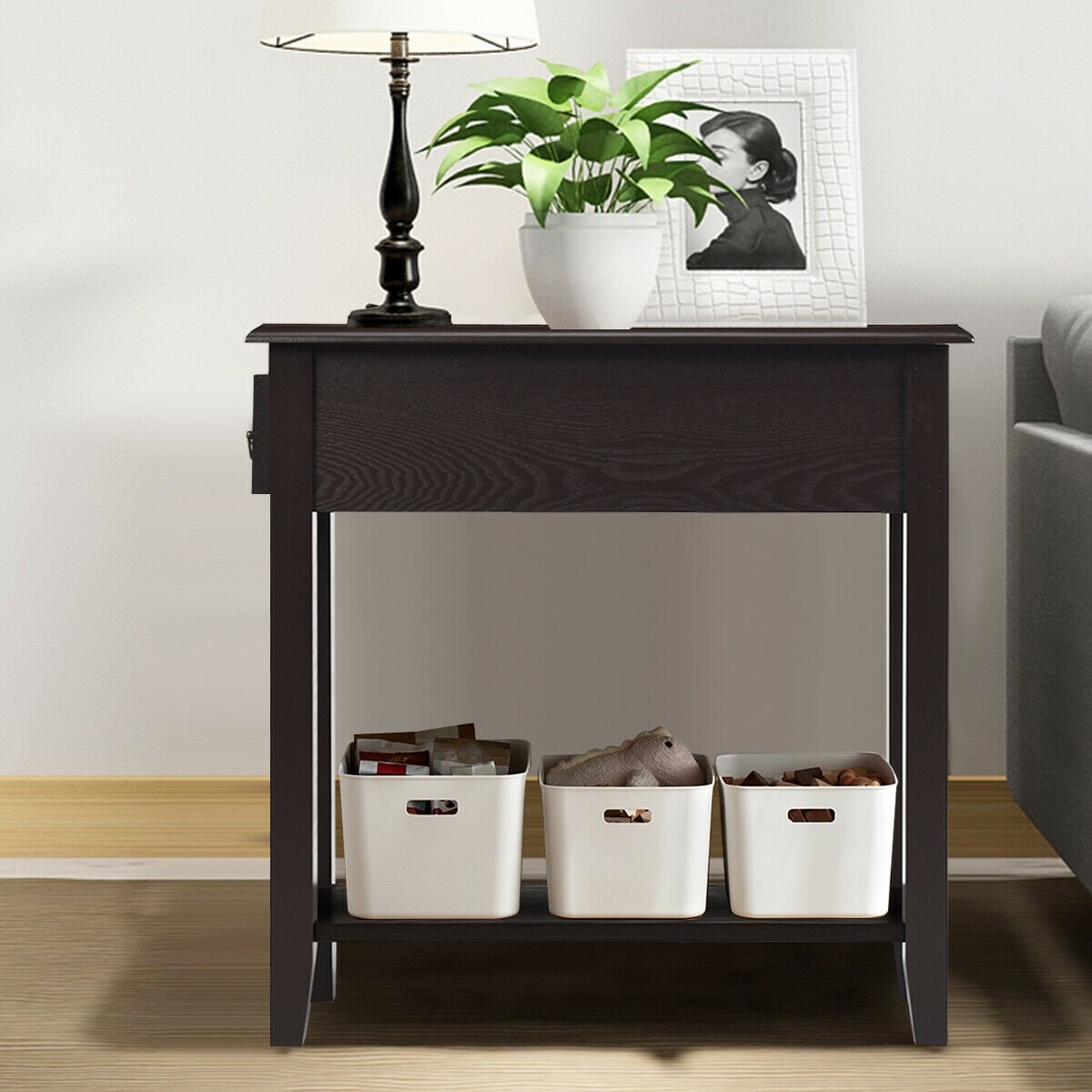 2 Tier End Bedside Sofa Side Table Narrow Nightstand-Black (Assembled)