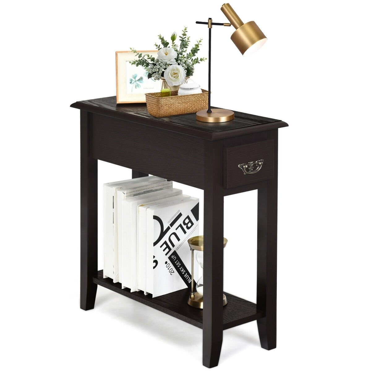 2 Tier End Bedside Sofa Side Table Narrow Nightstand-Black (Assembled)