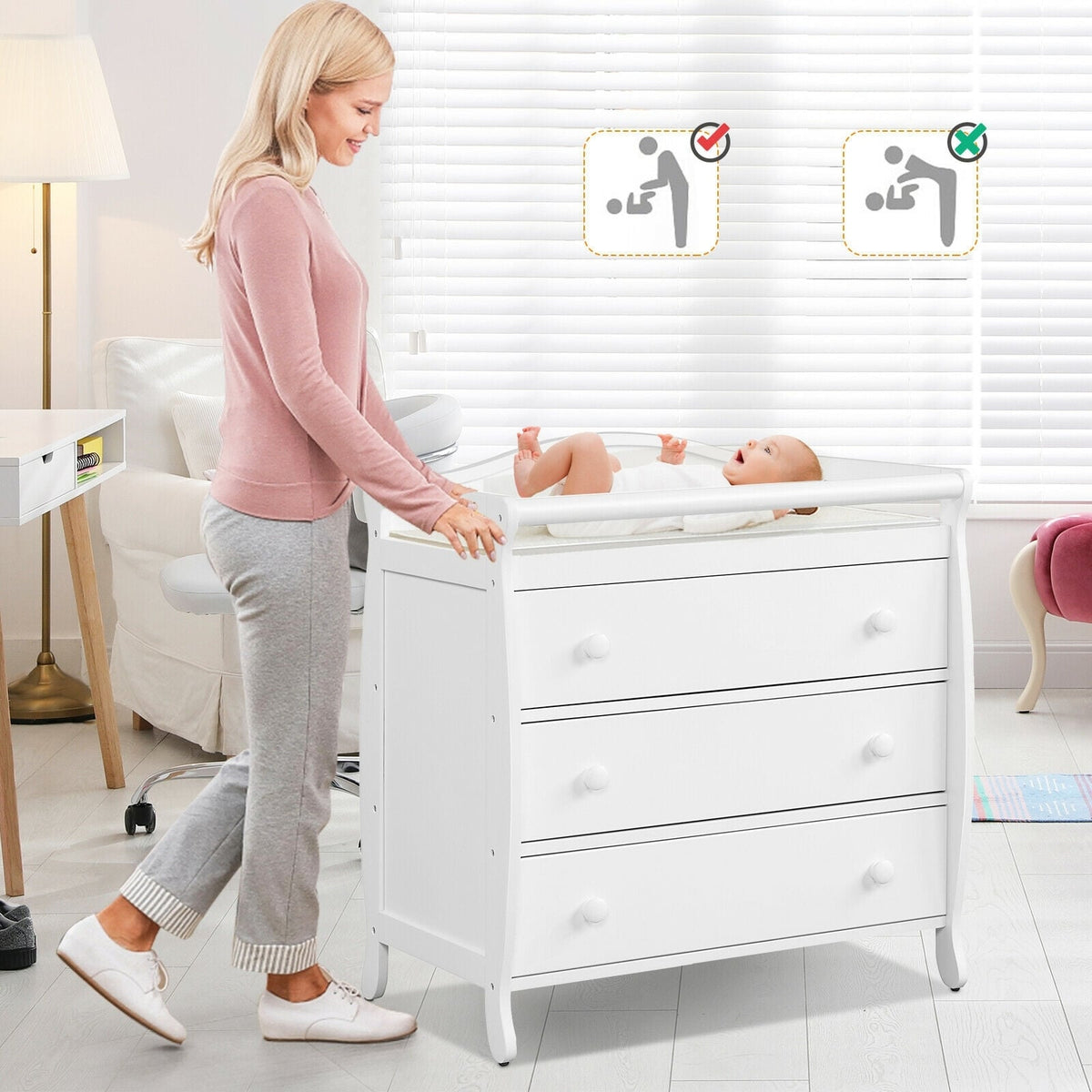 Baby Changing Table with 3 Drawers and Safety Belt-White, FULLY ASSEMBLED